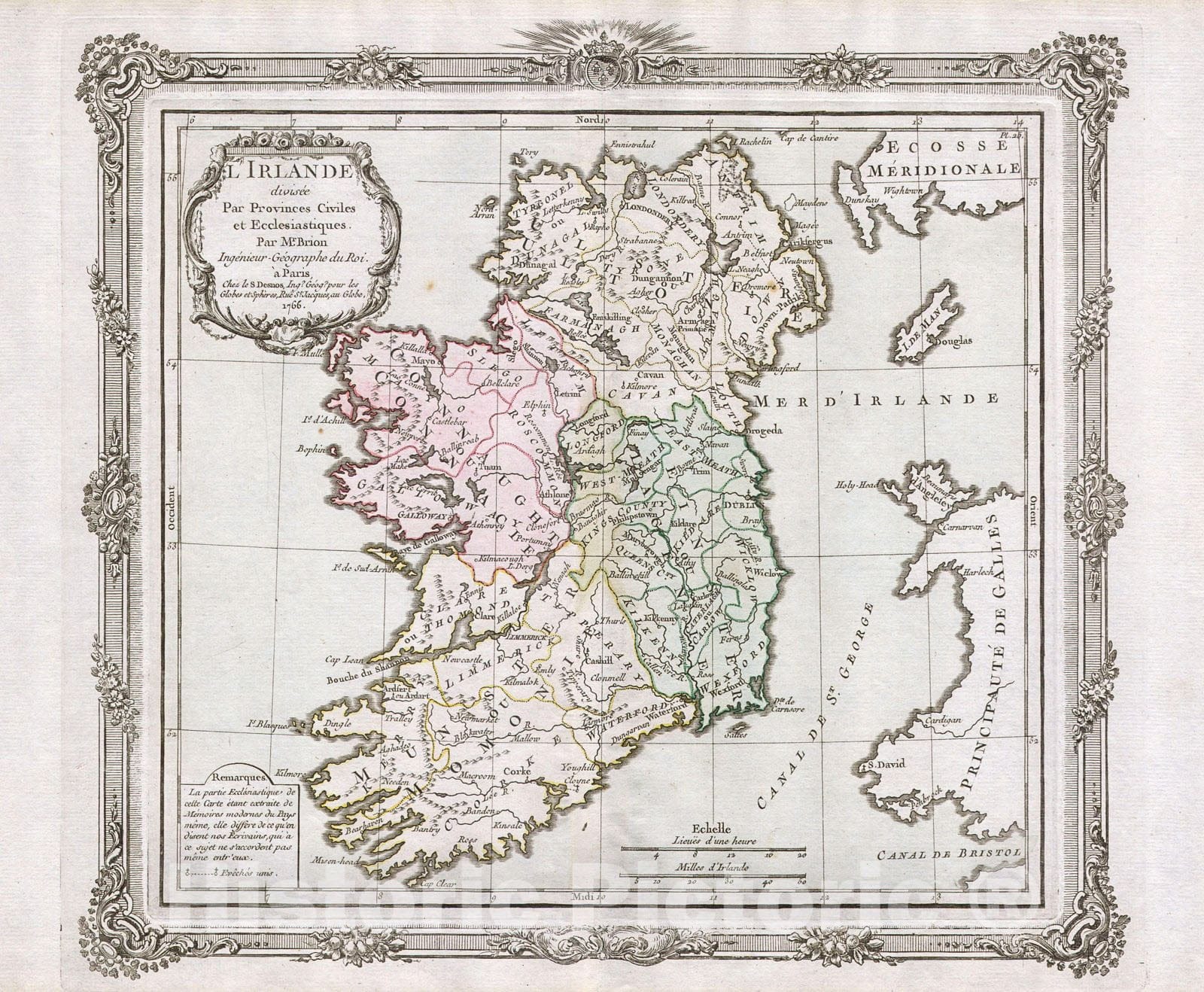Historic Map : Desnos, de la Tour Map of Ireland , 1766, Vintage Wall Art