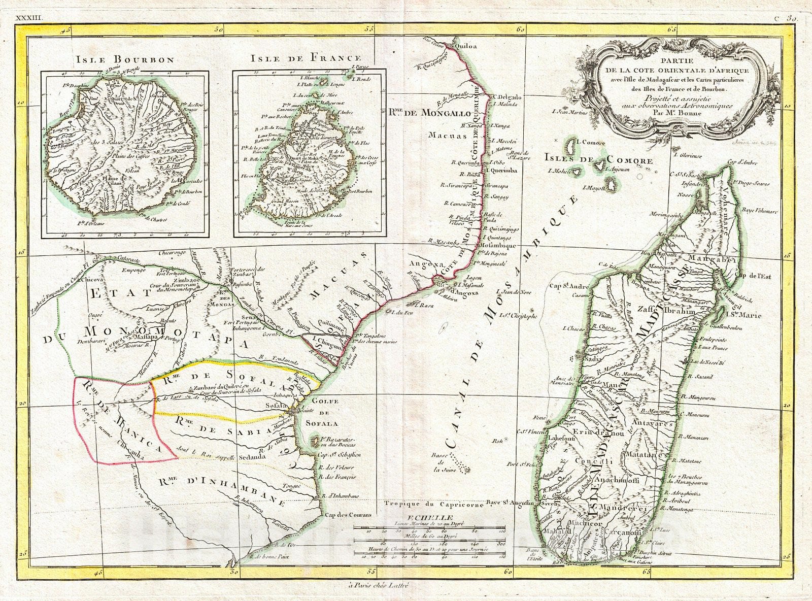 Historic Map : Bonne Map of East Africa, Madagascar, Isle Bourbon and Mauritius (Mozambique), 1770, Vintage Wall Art