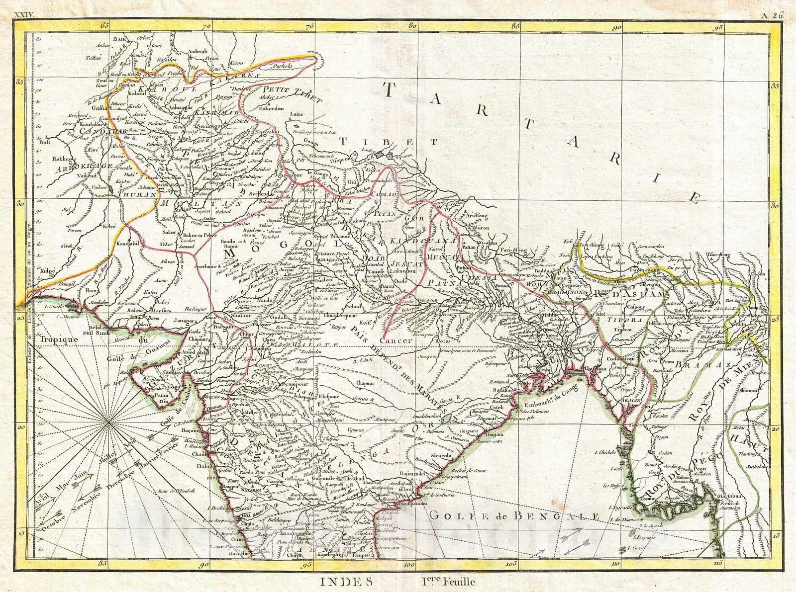 Historic Map : Bonne Map of Northern India, Burma and Pakistan, 1770, Vintage Wall Art