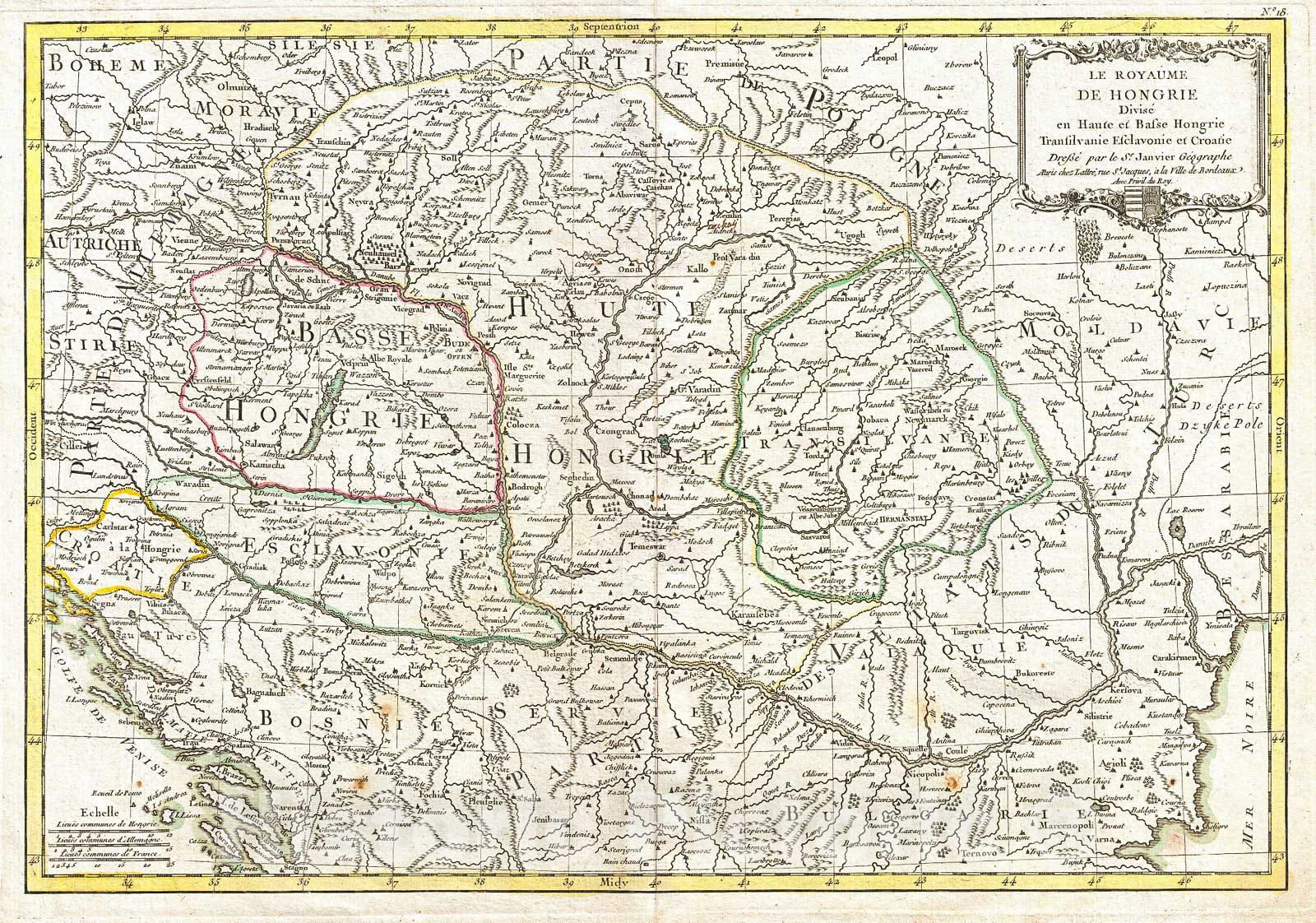 Historic Map : Janvier Map of Hungary, Romania, Transylvania, Moldova, Croatia and Bosnia, 1770, Vintage Wall Art