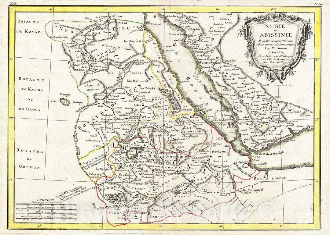 Historic Map : Bonne Map of Abyssinia (Ethiopia), Sudan and The Red Sea, 1771, Vintage Wall Art
