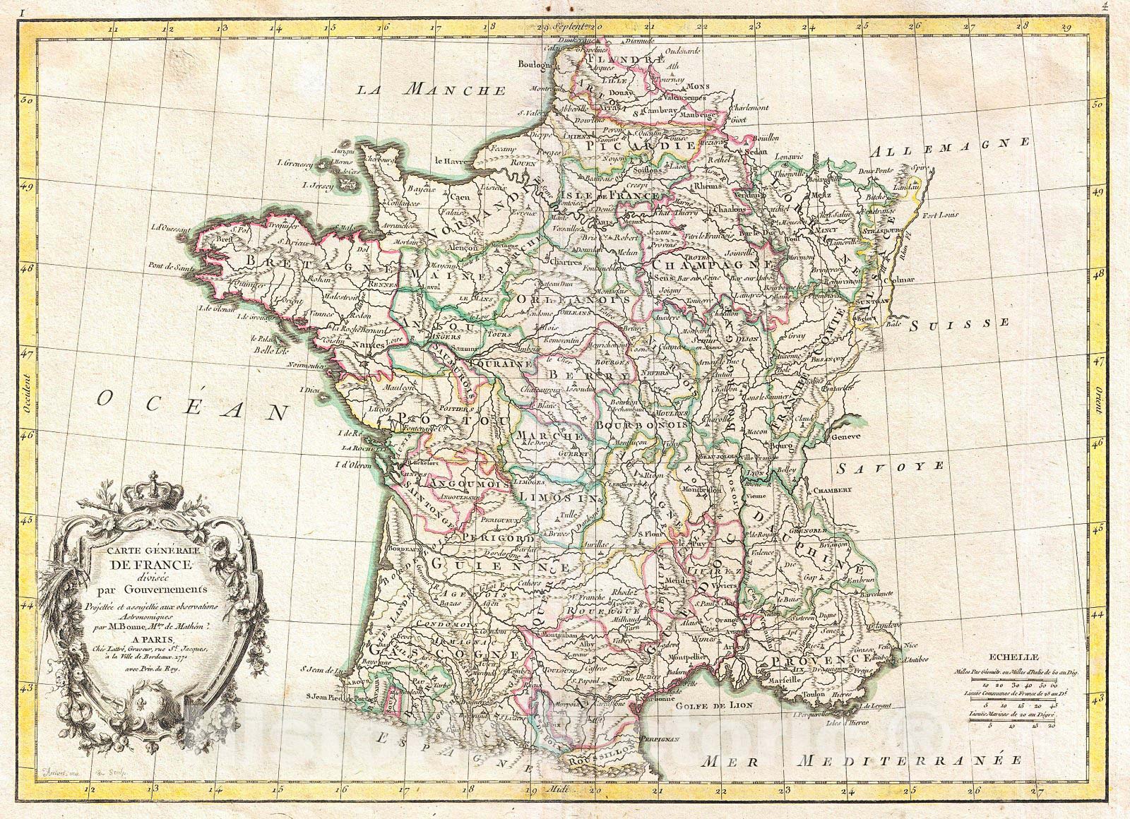 Historic Map : Bonne Map of France, 1771, Vintage Wall Art