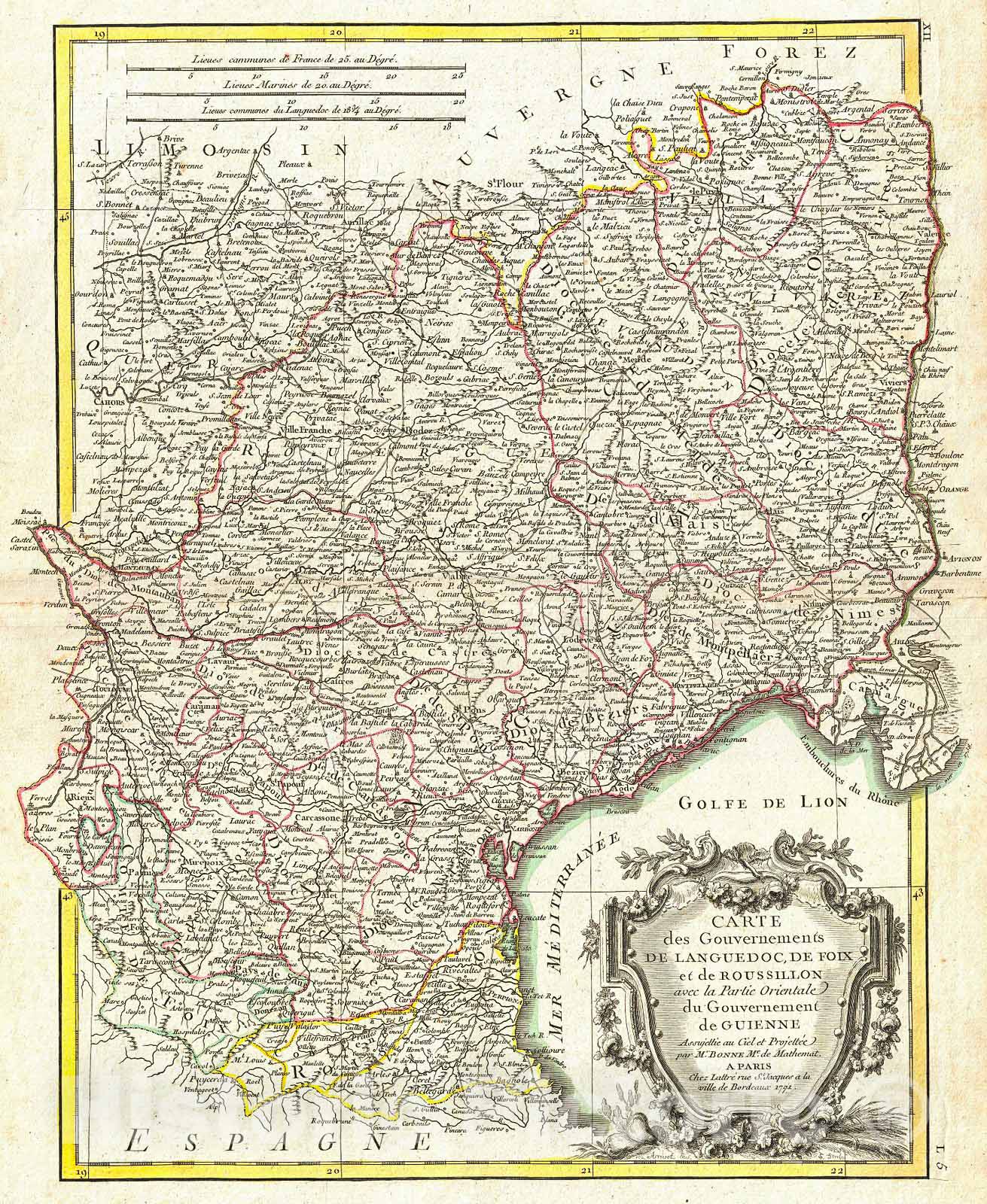 Historic Map : Bonne Map of Languedoc and Roussillon, France, 1771, Vintage Wall Art