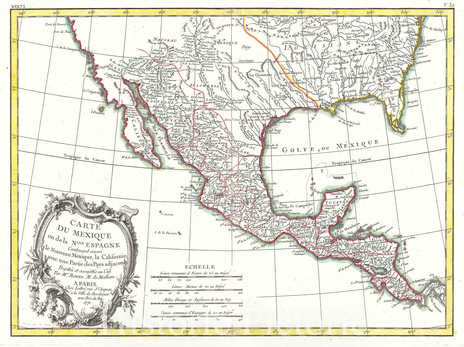 Historic Map : Bonne Map of Mexico (Texas), Louisiana and Florida, 1771, Vintage Wall Art
