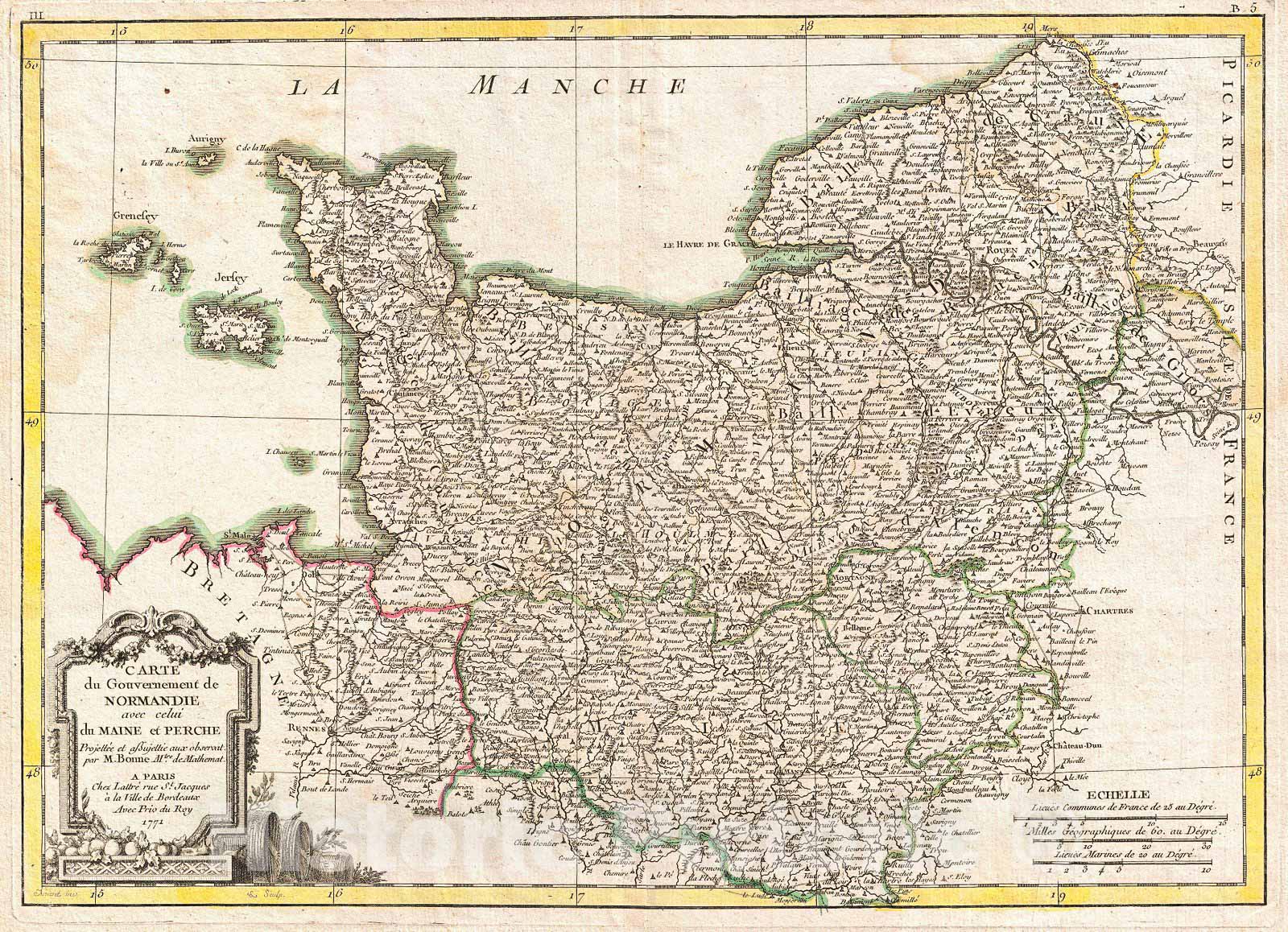 Historic Map : Bonne Map of Normandy, France, 1771, Vintage Wall Art
