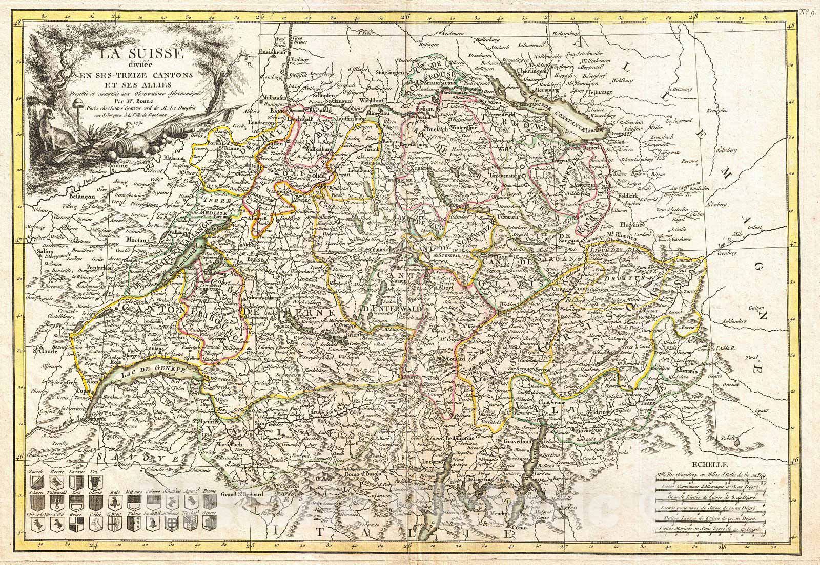 Historic Map : Bonne Map of Switzerland, 1771, Vintage Wall Art