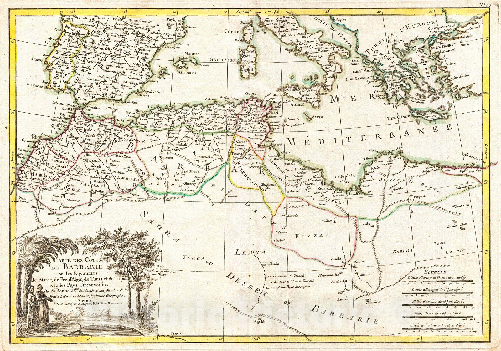 Historic Map : Bonne Map of The Mediterranean and The Maghreb or Barbary Coast, 1771, Vintage Wall Art