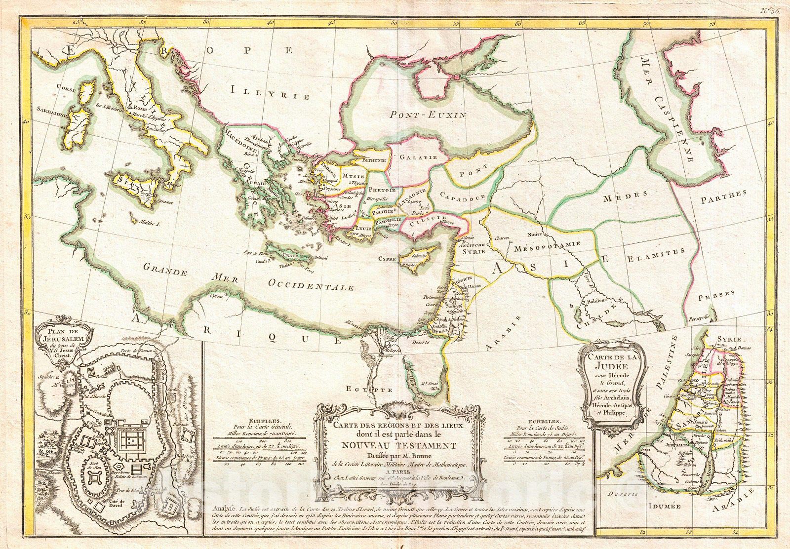 Historic Map : Bonne Map of The New Testament Lands, Holy Land and Jerusalem, 1771, Vintage Wall Art