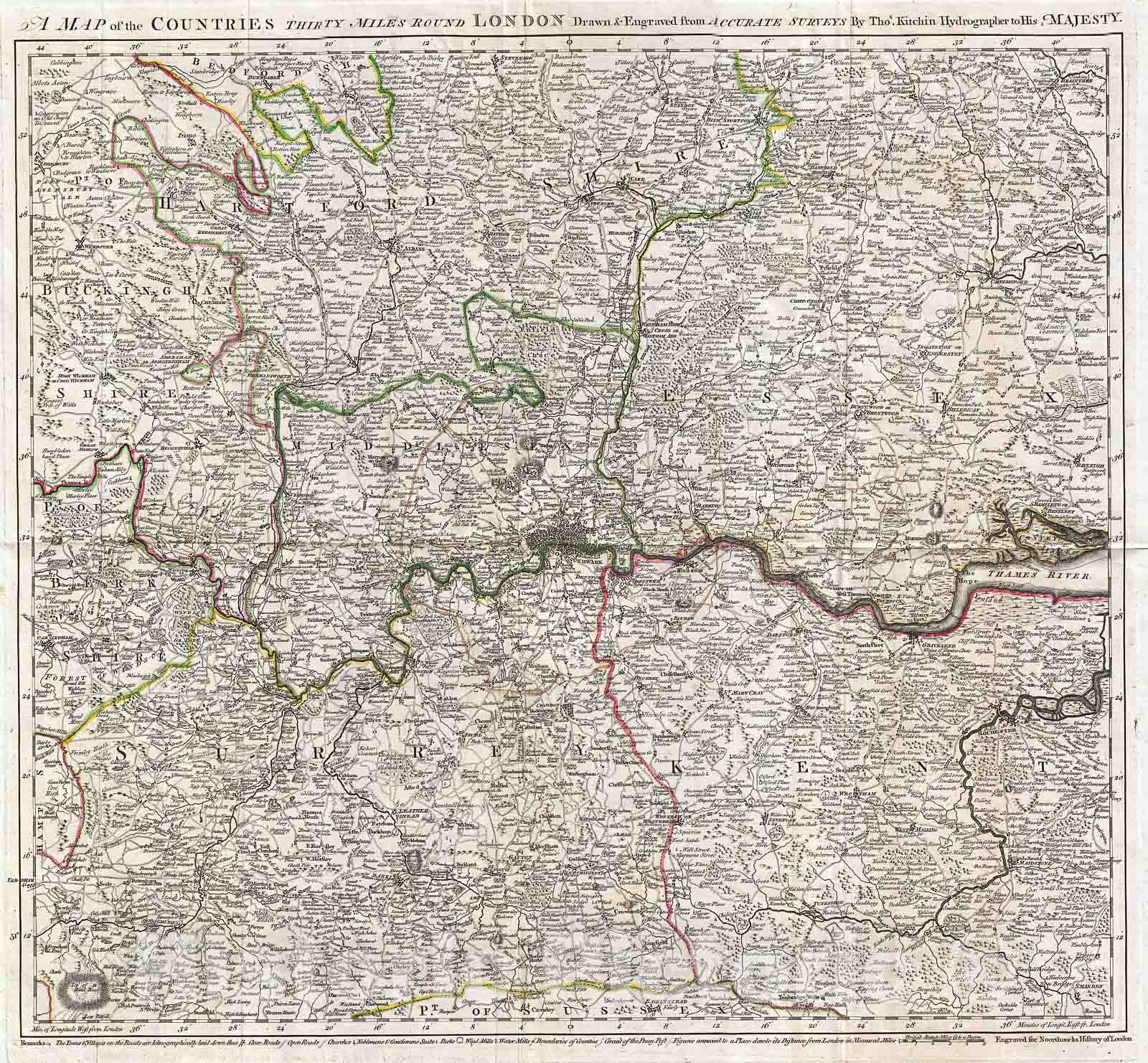 Historic Map : Kitchin Map of The Country 30 Miles Around London, England , 1773, Vintage Wall Art