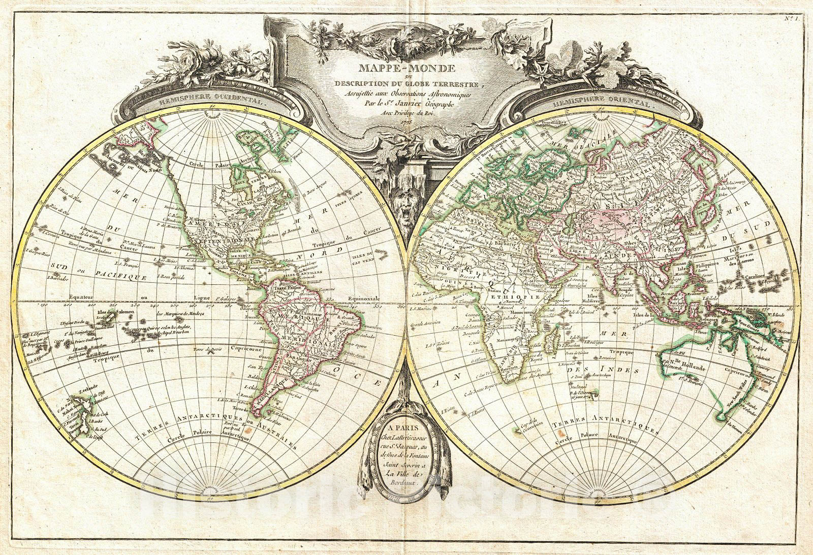 Historic Map : Lattre and Janvier Map of The World on a Hemisphere Projection, 1775, Vintage Wall Art