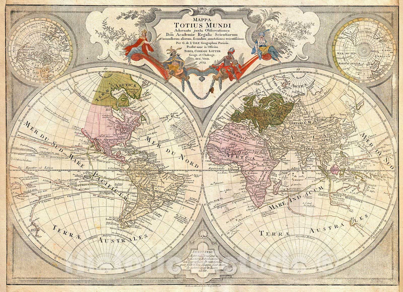 Historic Map : Lotter Map of The World on a Hemisphere Projection, 1775, Vintage Wall Art