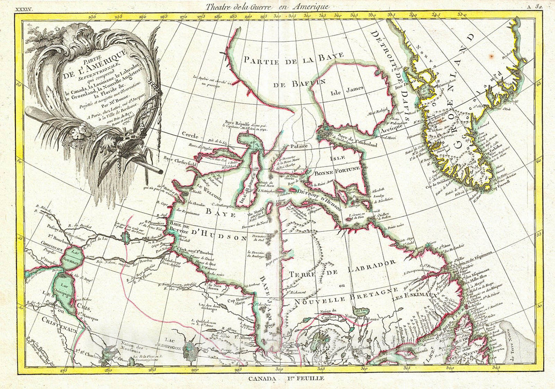 Historic Map : Bonne Map of The Hudson Bay, Canada, 1776, Vintage Wall Art