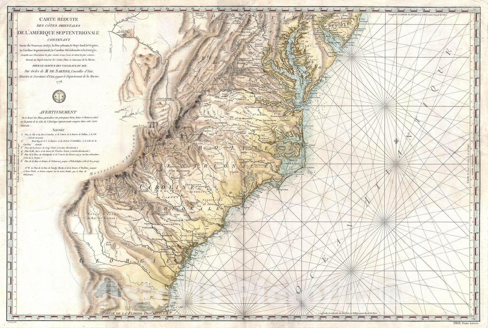 Historic Map : Sartine Map of Georgia, North Carolina, South Carolina, Virginia and Maryland, 1778, Vintage Wall Art