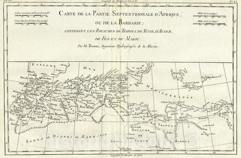 Historic Map : Bonne Map of North Africa and The Western Mediterranean, Barbary Coast, 1780, Vintage Wall Art