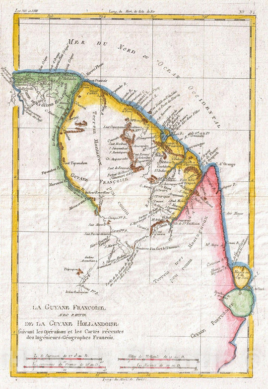 Historic Map : Raynal and Bonne Map of Guyana and Surinam, 1780, Vintage Wall Art