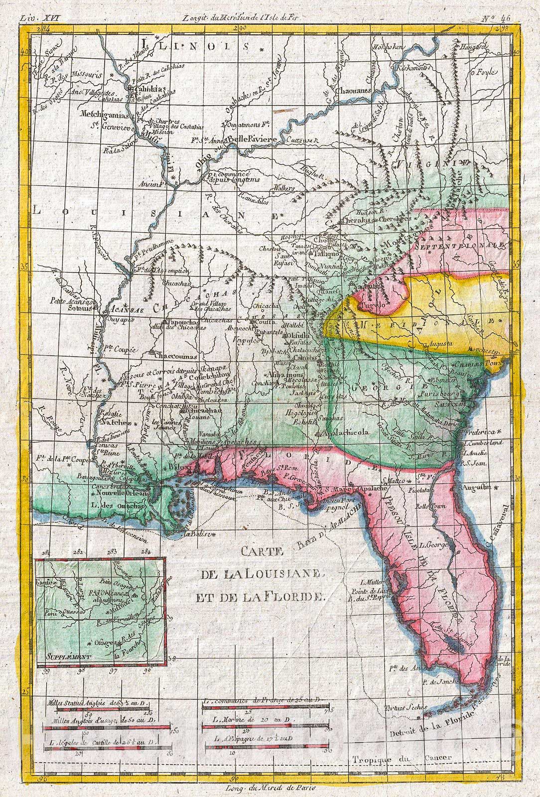 Historic Map : Raynal and Bonne Map of Louisiana, Florida and Carolina, 1780, Vintage Wall Art