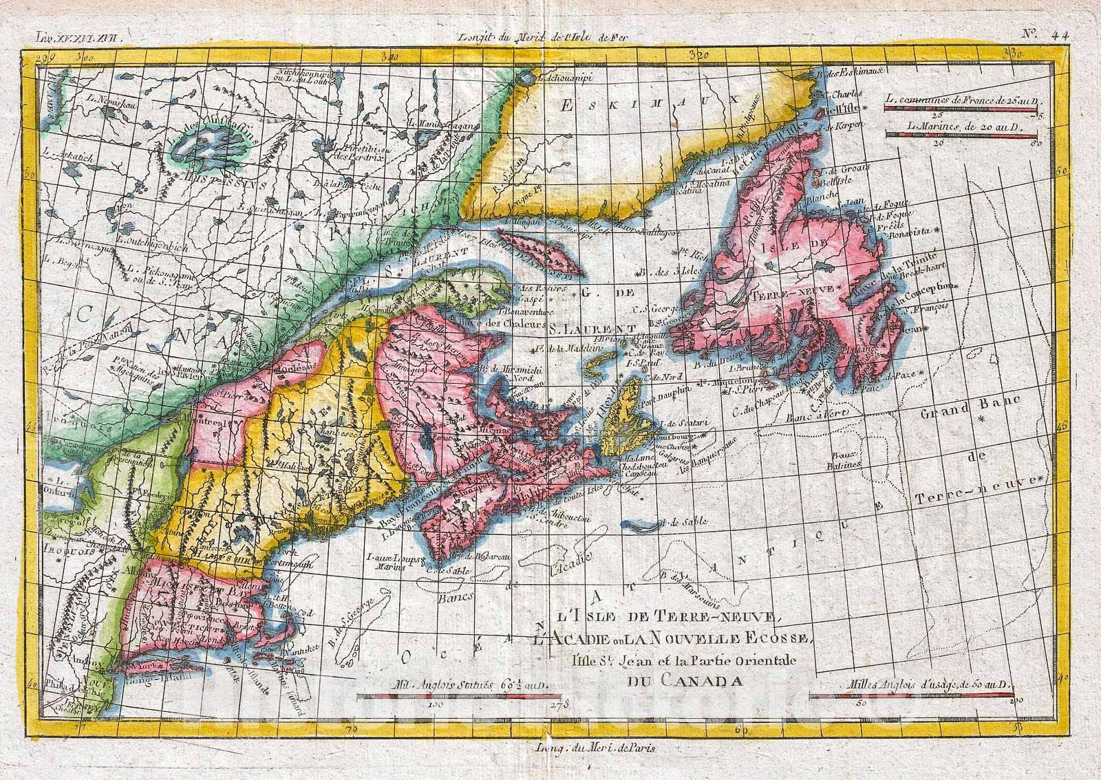 Historic Map : Raynal and Bonne Map of New England and The Maritime Provinces, 1780, Vintage Wall Art