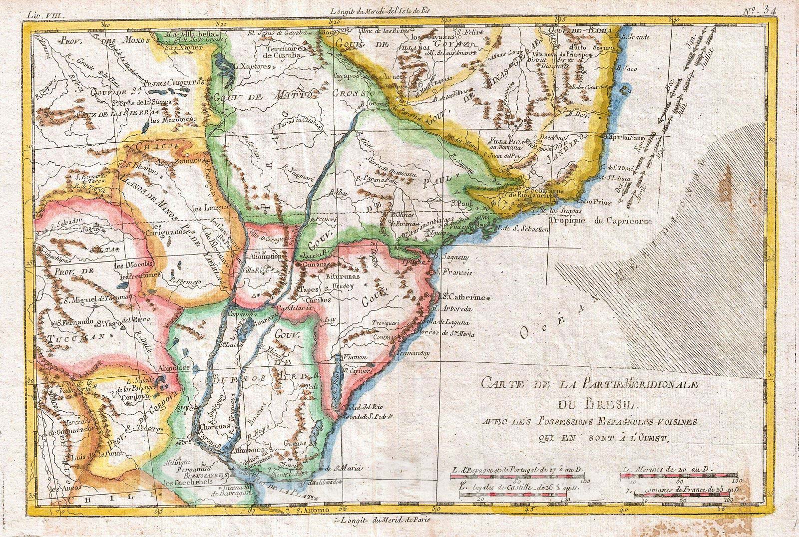 Historic Map : Raynal and Bonne Map of Southern Brazil, Northern Argentina, Uruguay and Paraguay, 1780, Vintage Wall Art