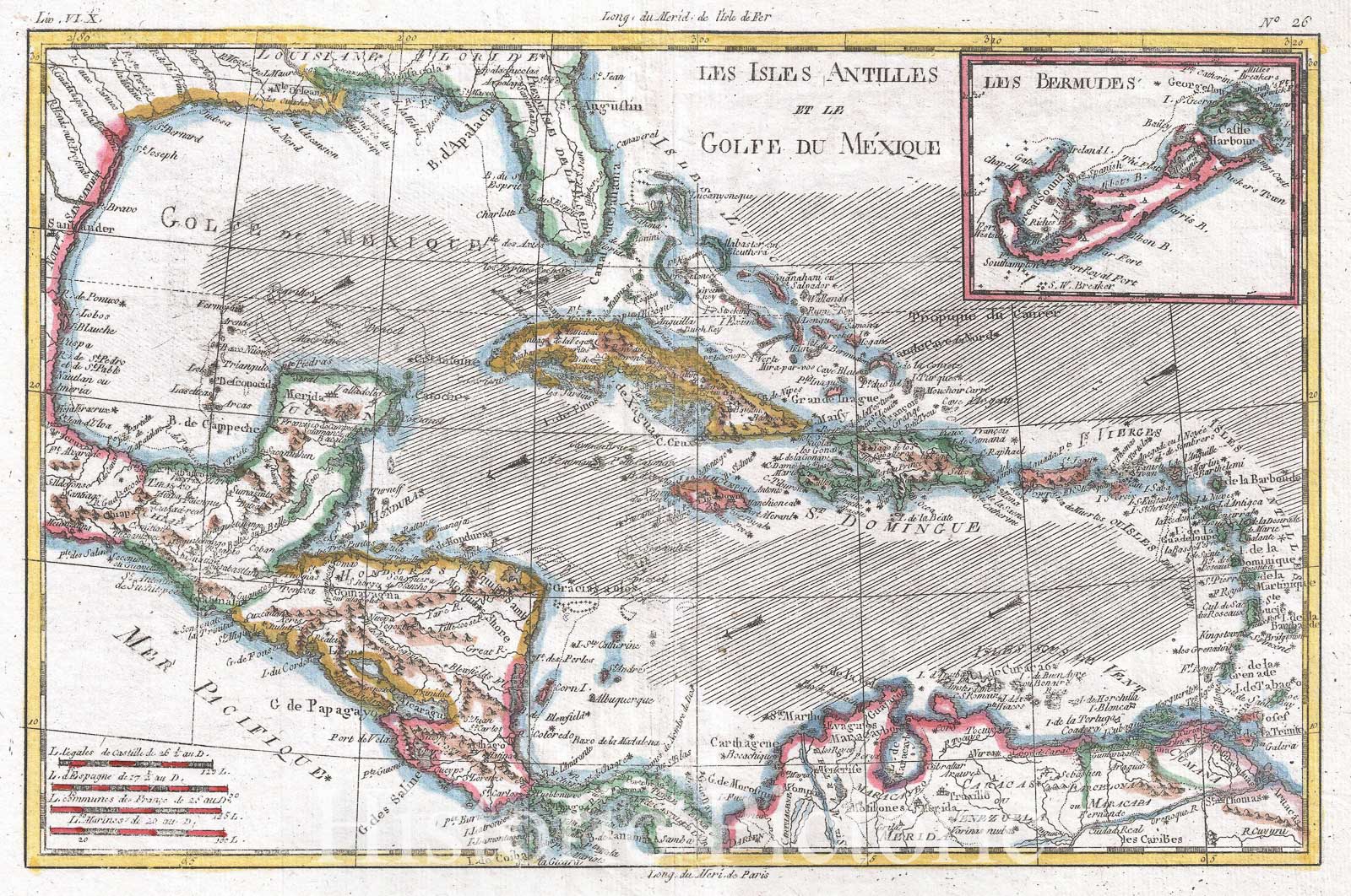 Historic Map : Raynal and Bonne Map of The West Indies, Caribbean, and Gulf of Mexico, 1780, Vintage Wall Art