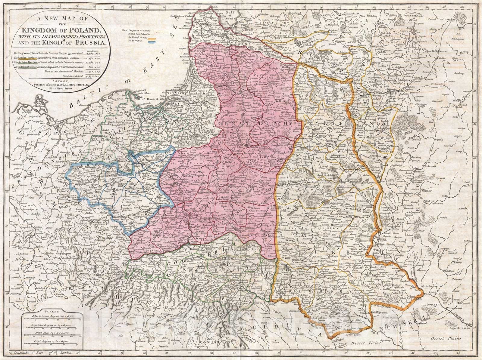 Historic Map : Laurie and Whittle Map of Poland and Lithuania After Second Partition, 1794, Vintage Wall Art