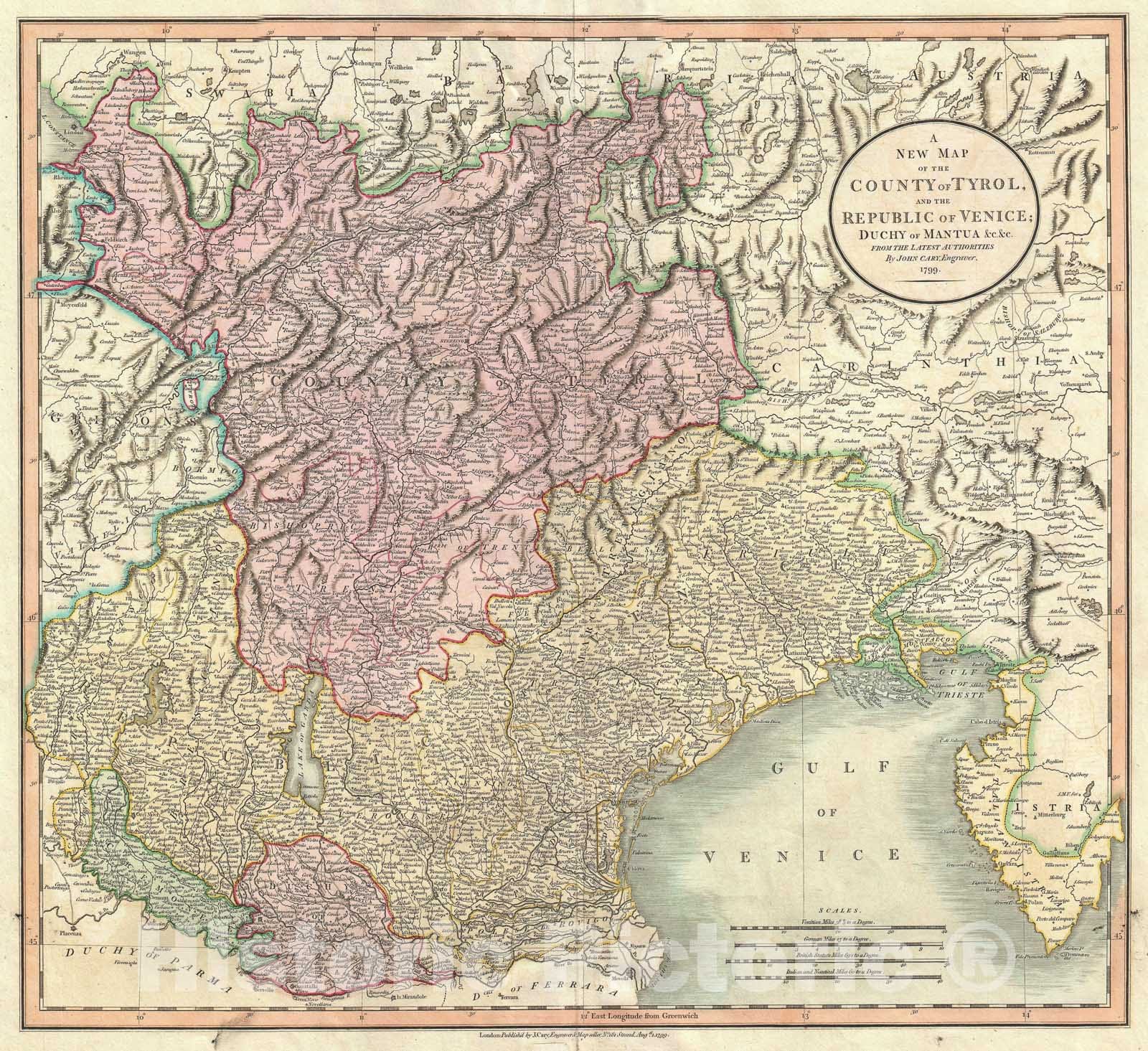 Historic Map : Cary Map of Mantua, Venice and Tyrol, Italy, 1799, Vintage Wall Art