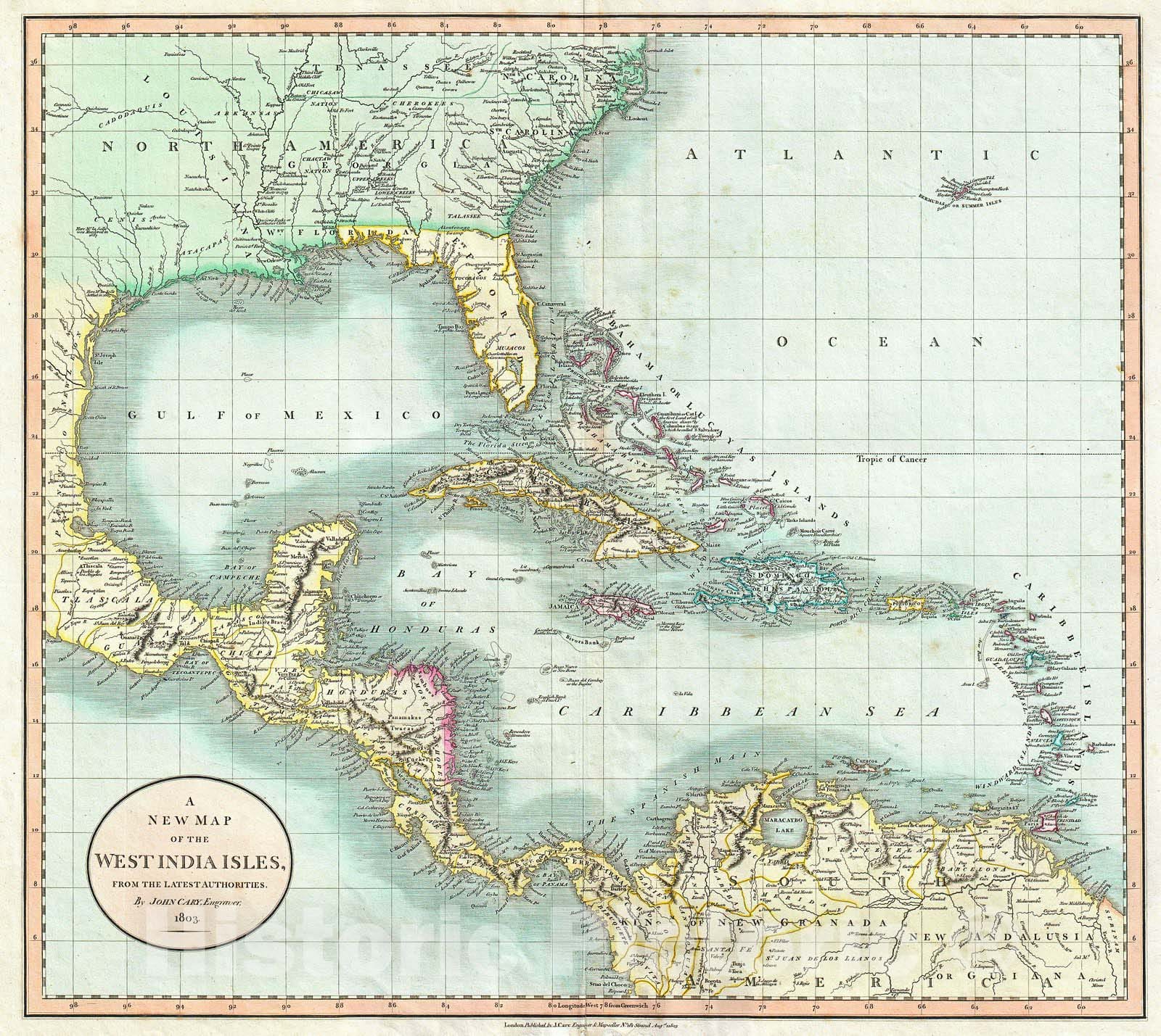 Historic Map : Cary Map of Florida, Central America, The Bahamas, and The West Indies , 1803, Vintage Wall Art