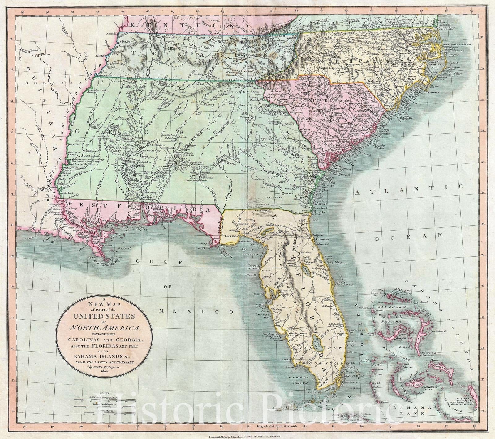 Historic Map : Cary Map of Florida, Georgia, North Carolina, South Carolina and Tennessee , 1806, Vintage Wall Art