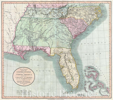 Historic Map : Cary Map of Florida, Georgia, North Carolina, South Carolina and Tennessee , 1806, Vintage Wall Art