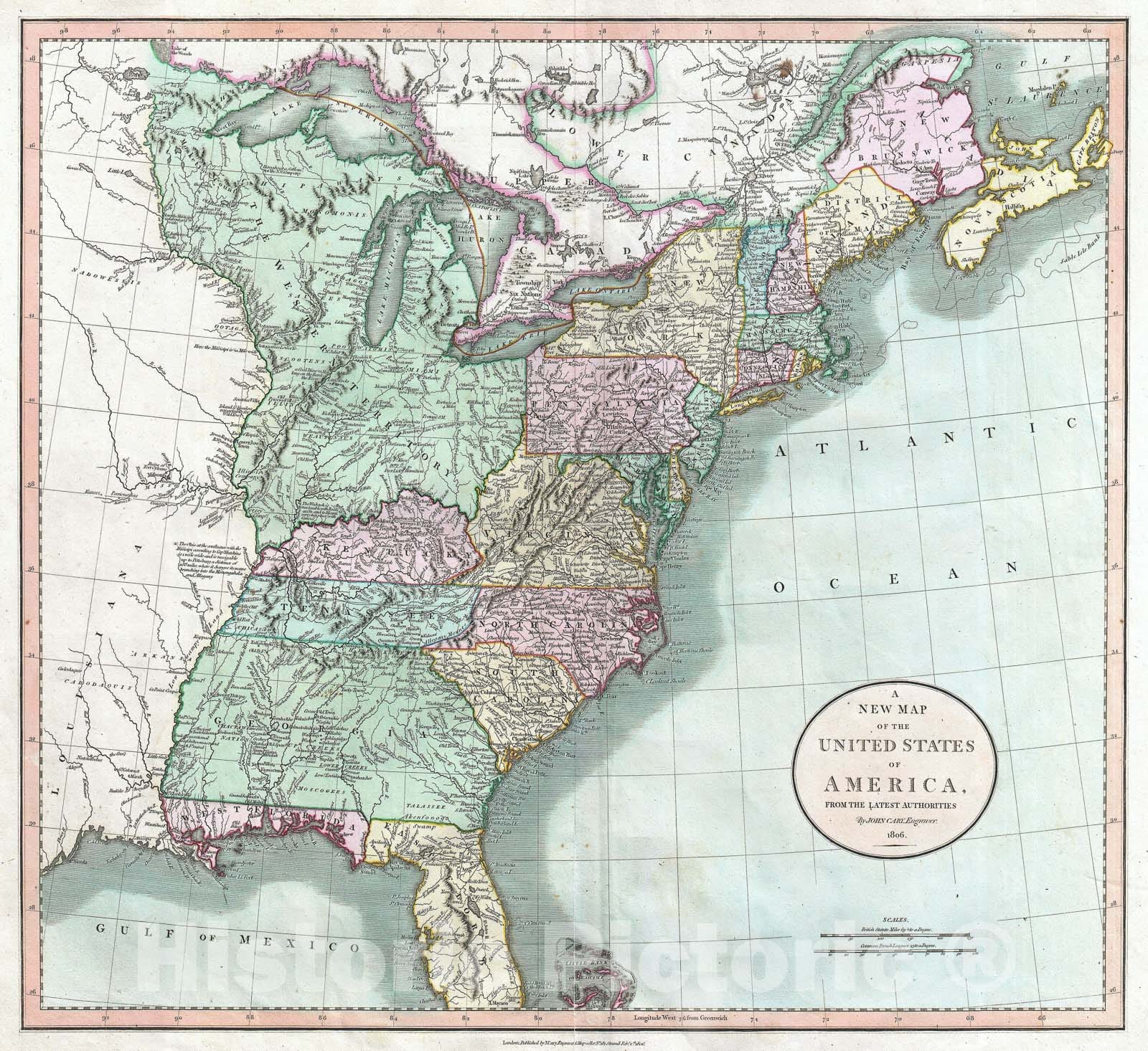 Historic Map : Cary Map of The United States East of The Mississippi River , 1806, Vintage Wall Art