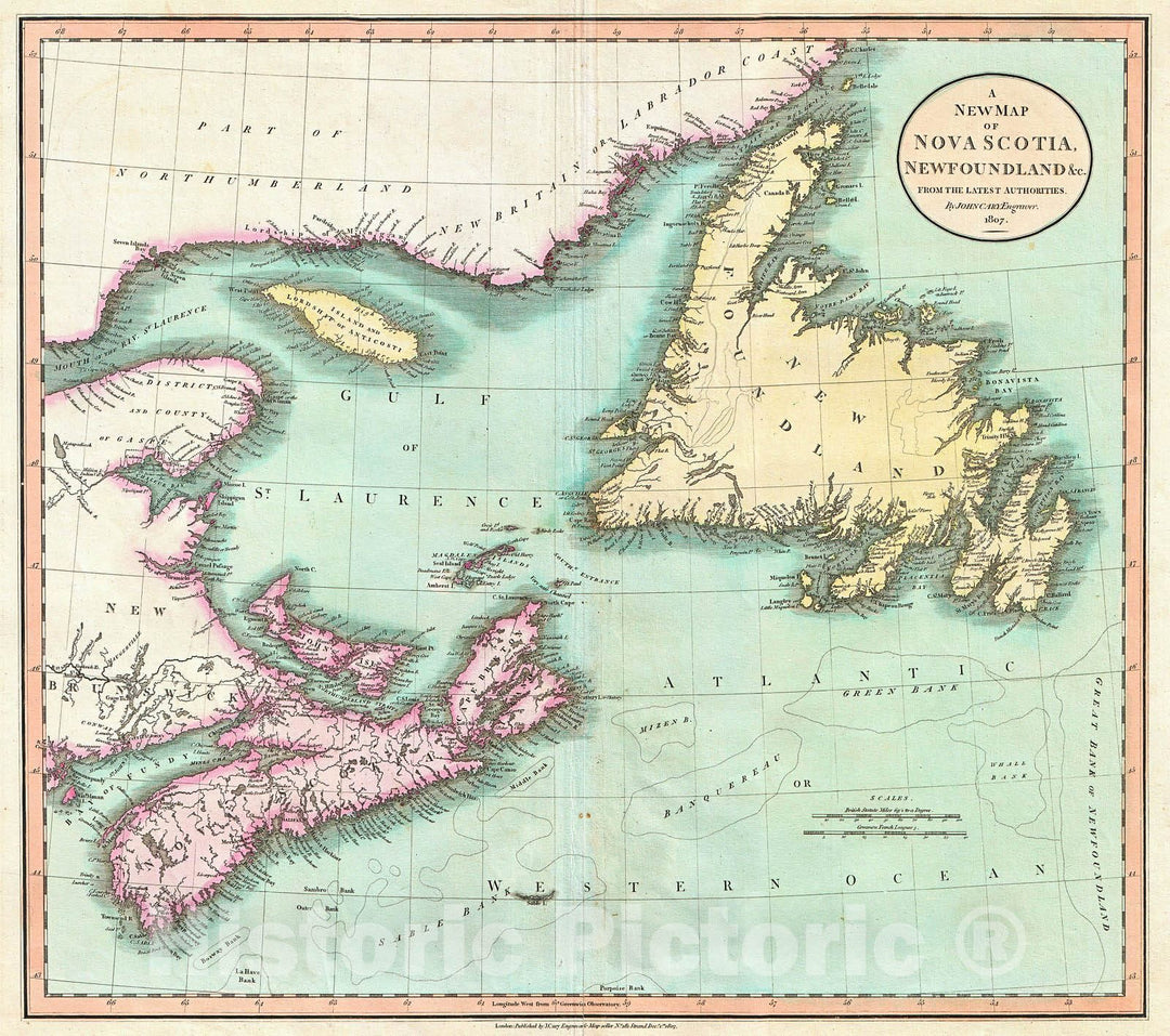 Historic Map : Cary Map of Nova Scotia and Newfoundland, Canada , 1807, Vintage Wall Art