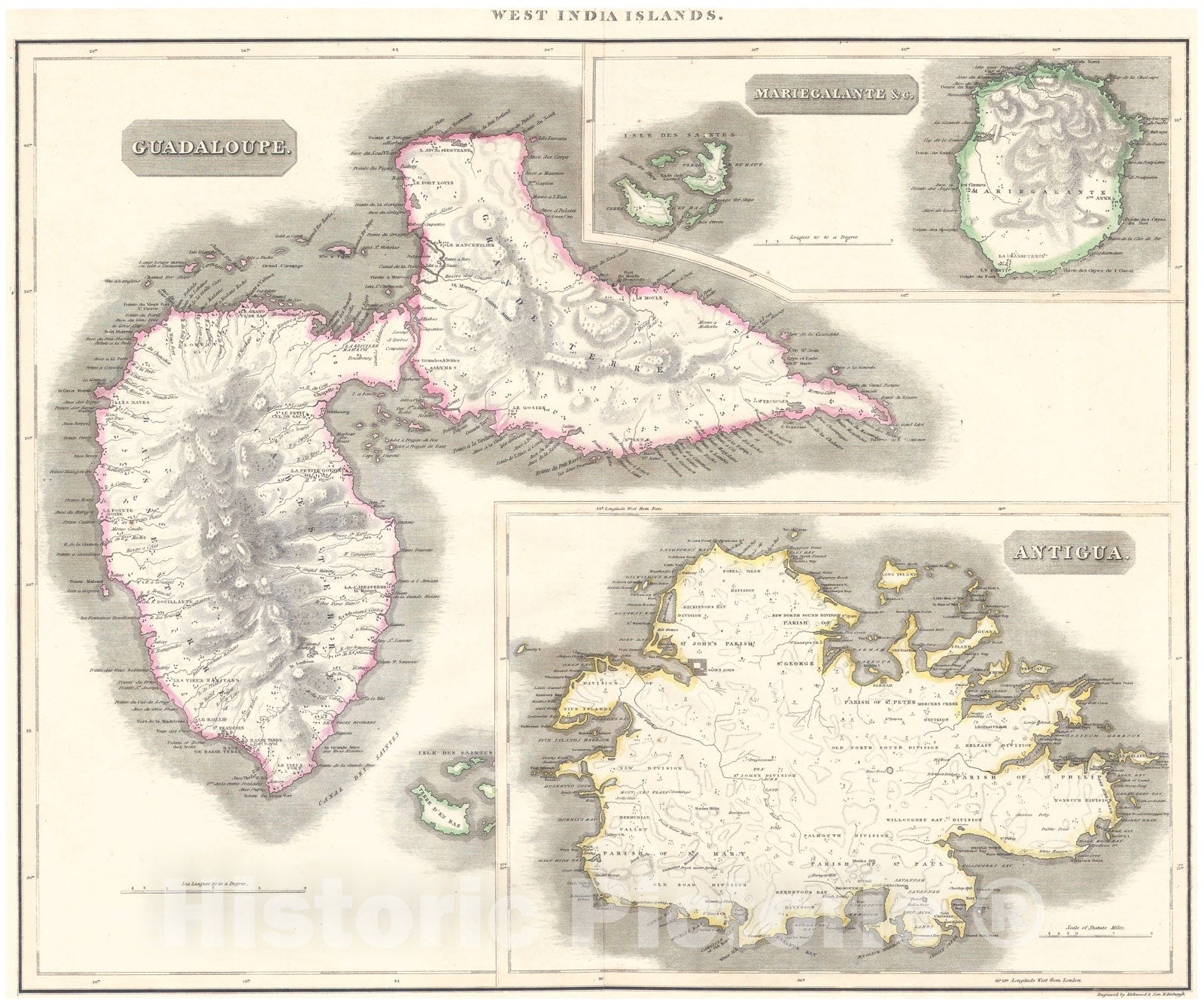 Historic Map : Thomson Map of Guadaloupe, Antigua, Marie Galante (West Indies), 1815, Vintage Wall Art