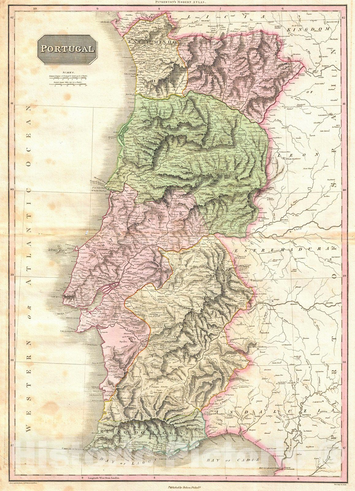 Historic Map : Pinkerton Map of Portugal, 1818, Vintage Wall Art