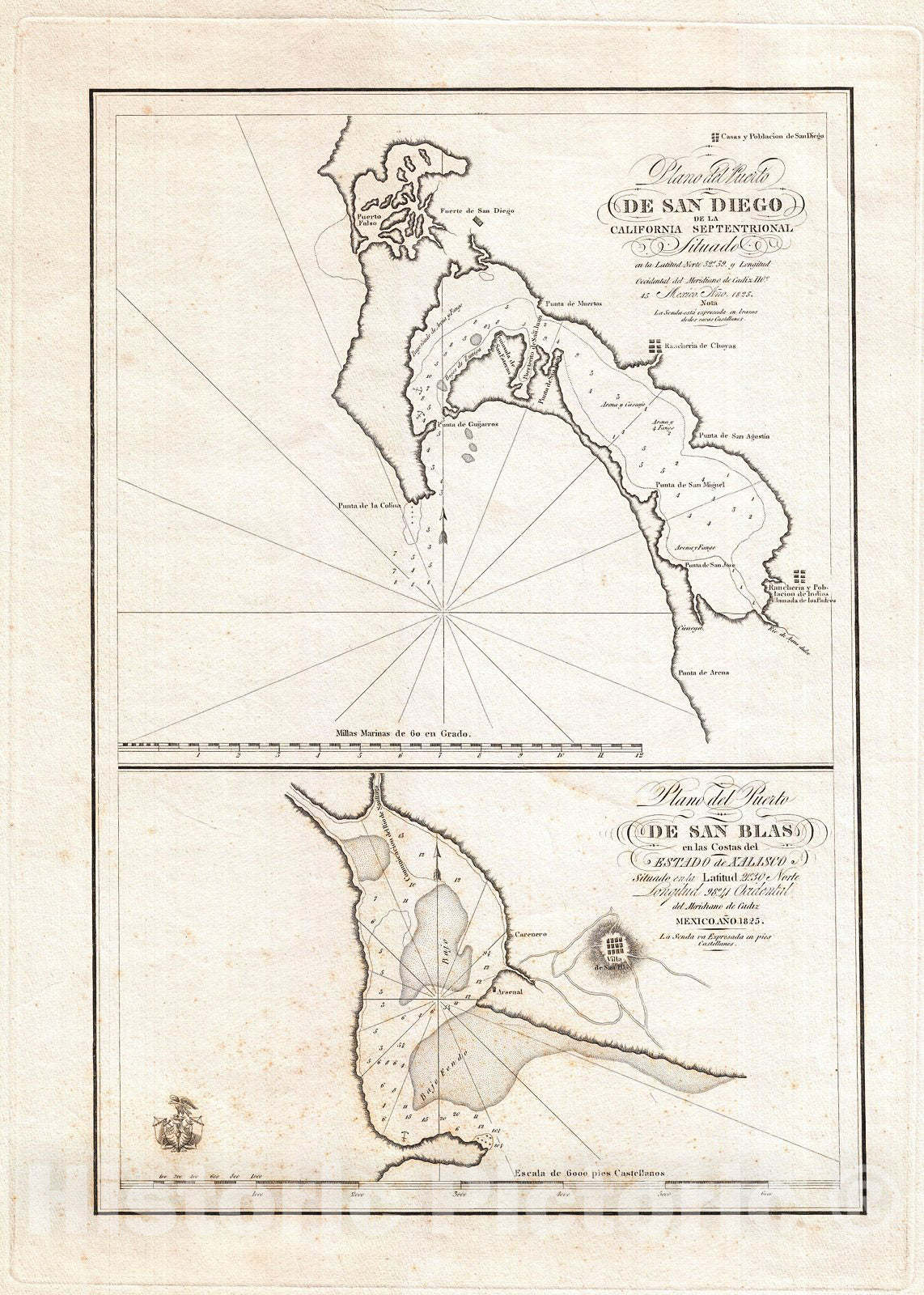 Historic Map : Victoria Map of San Diego, California and San Blas, Mexico, 1825, Vintage Wall Art