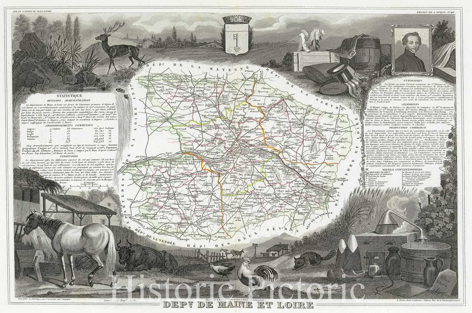Historic Map : Levasseur Map of Dept. Maine et Loire, France, 1847, Vintage Wall Art