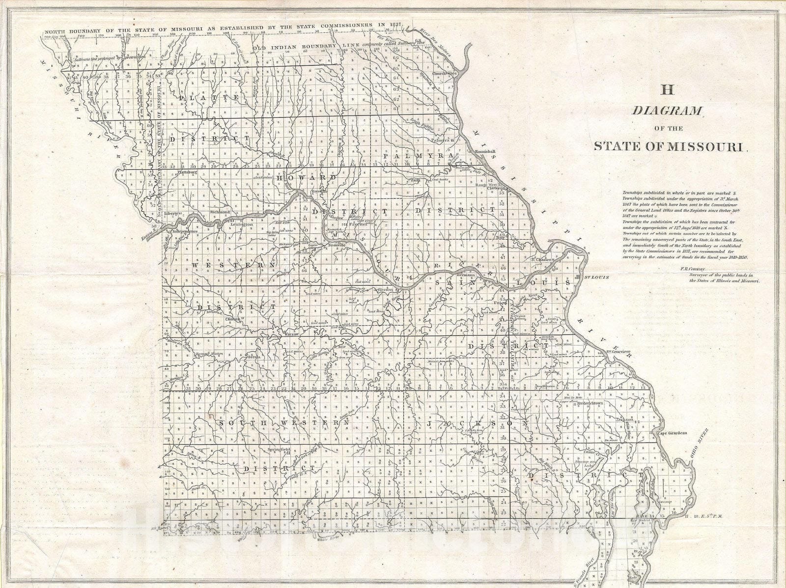 Historic Map : Land Survey Map of Missouri, Version 2, 1850, Vintage Wall Art