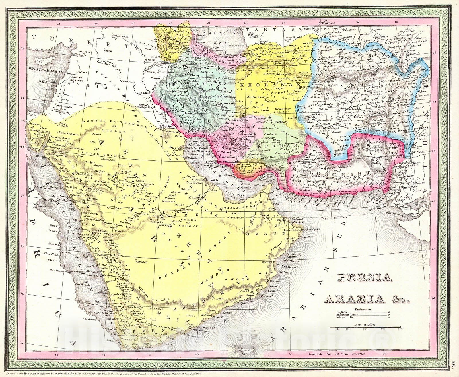 Historic Map : Mitchell Map of Persia, Arabia and Afghanistan , 1850, Vintage Wall Art