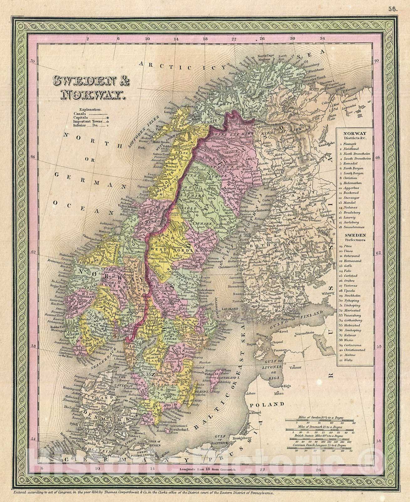 Historic Map : Mitchell Map of Scandinavia, Norway, Sweden, Denmark, Finland, 1850, Vintage Wall Art