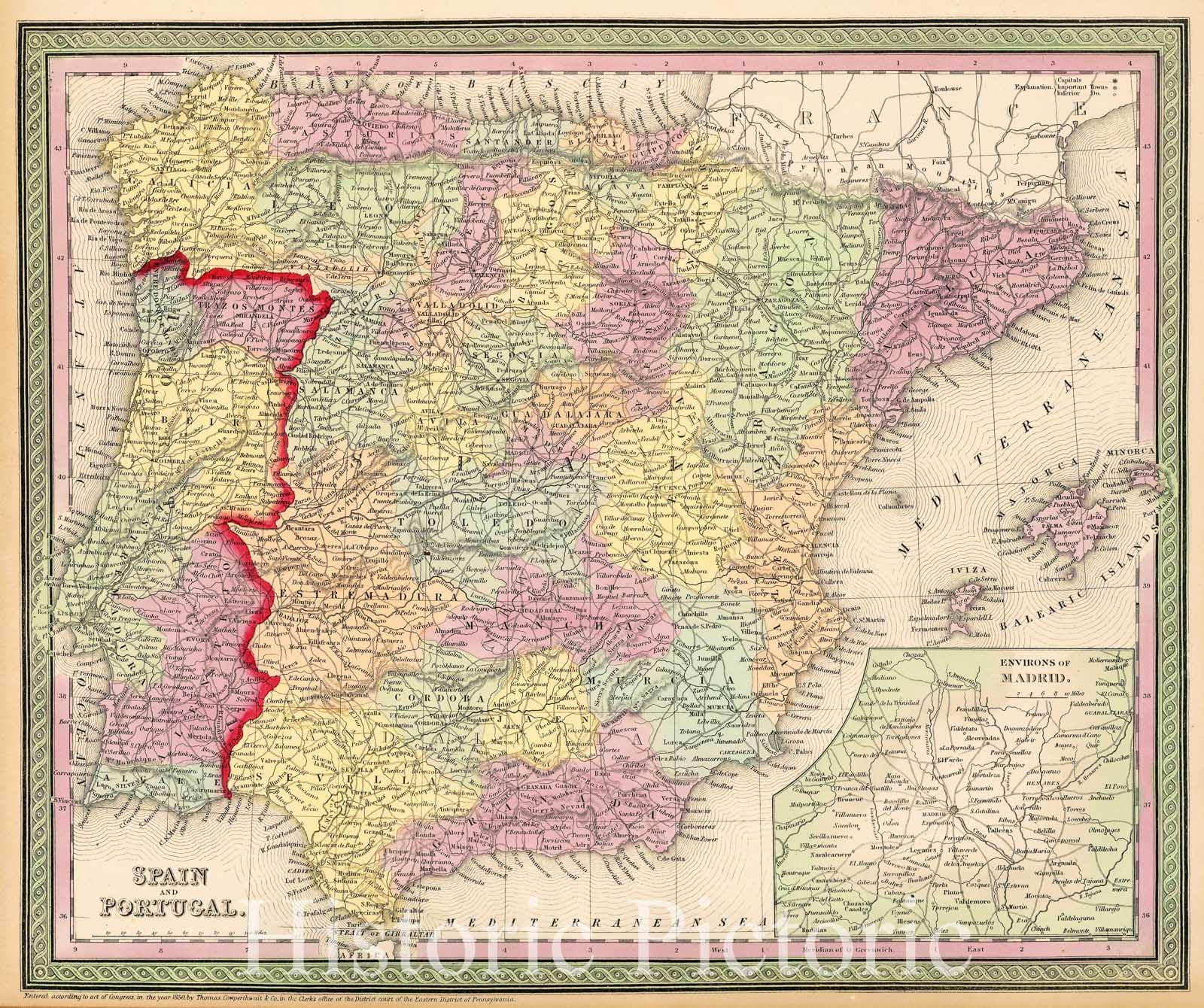Historic Map : Mitchell Map of Spain and Portugal , 1850, Vintage Wall Art