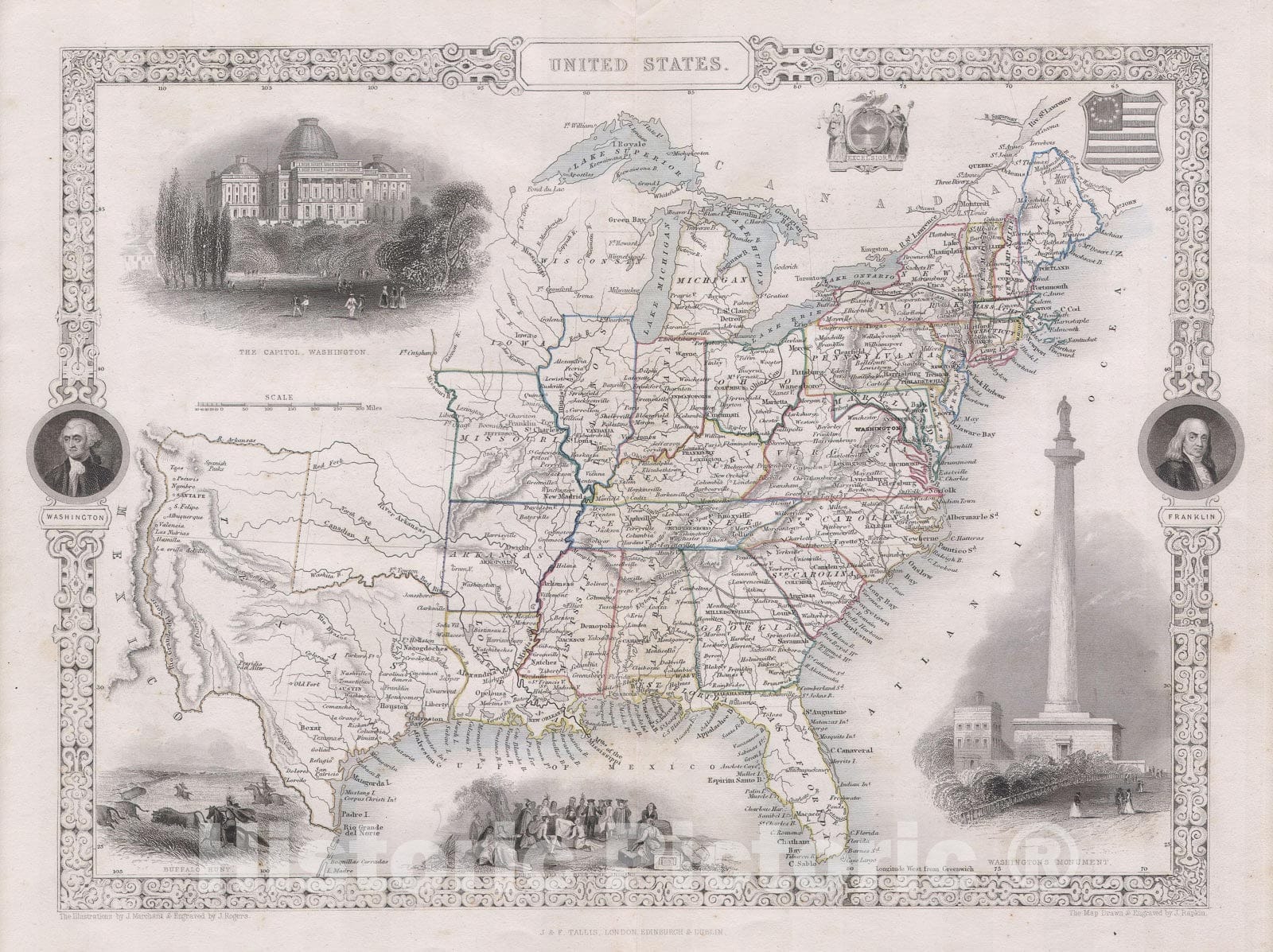 Historic Map : Tallis Map of The United States (Texas at Fullest Extent), 1850, Vintage Wall Art