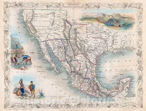 Historic Map : Tallis Map of Mexico, Texas, and California, 1851, Vintage Wall Art