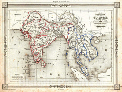 Historic Map : Levasseur Map of India and Southeast Asia, 1852, Vintage Wall Art