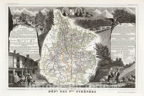 Historic Map : Levasseur Map of The Department Des Hautes Pyrenees, France, 1852, Vintage Wall Art