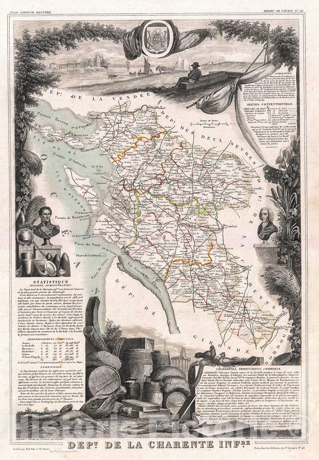Historic Map : Levasseur Map of The Department De La Charente Maritime, 1852, Vintage Wall Art