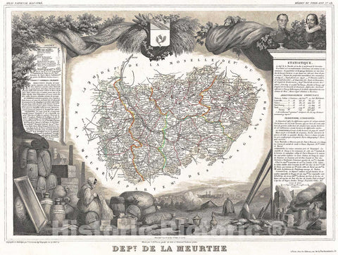 Historic Map : Levasseur Map of The Department De La Meurthe, France, 1852, Vintage Wall Art