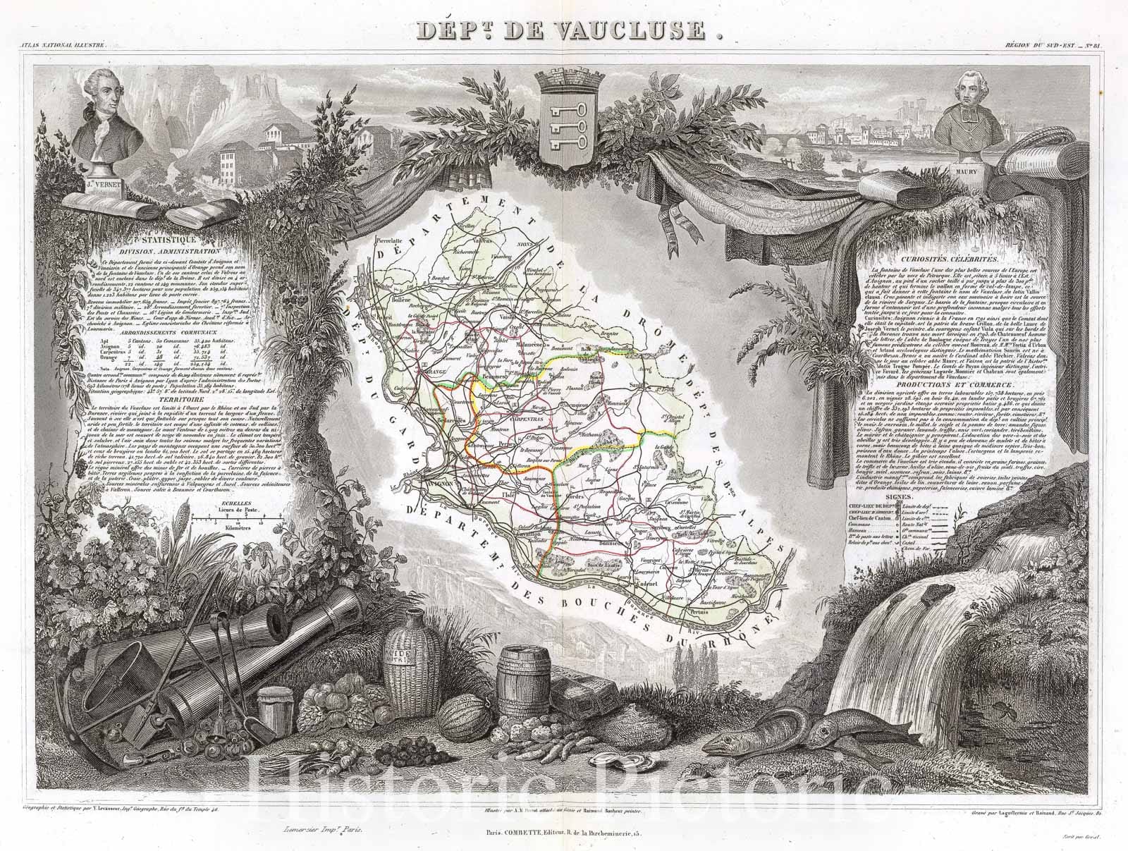 Historic Map : Levasseur Map of The Department De Vaucluse, France, 1852, Vintage Wall Art