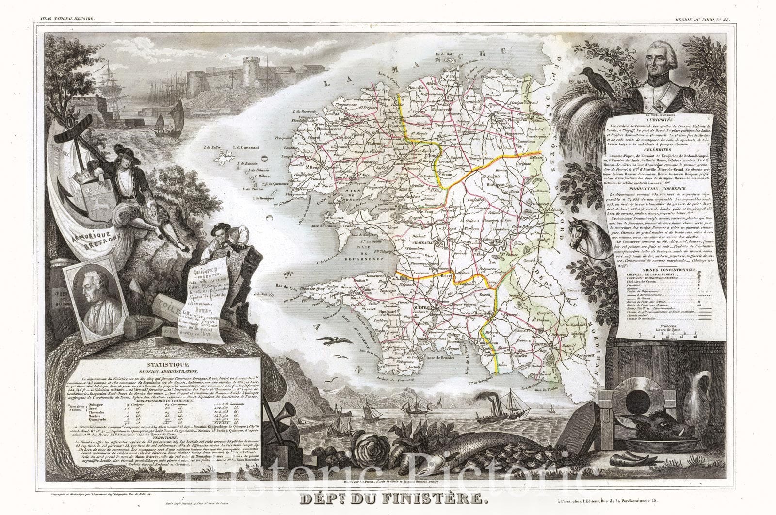 Historic Map : Levasseur Map of The Department du Finistere, France, 1852, Vintage Wall Art