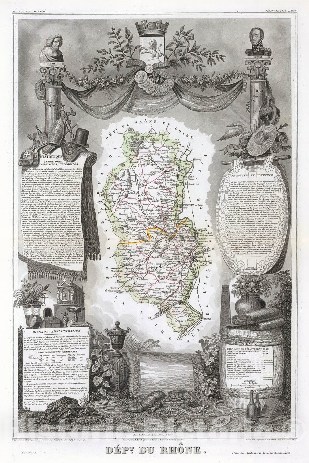 Historic Map : Levasseur Map of The Department Du Rhone, France (Beaujolais Wine Region), 1852, Vintage Wall Art