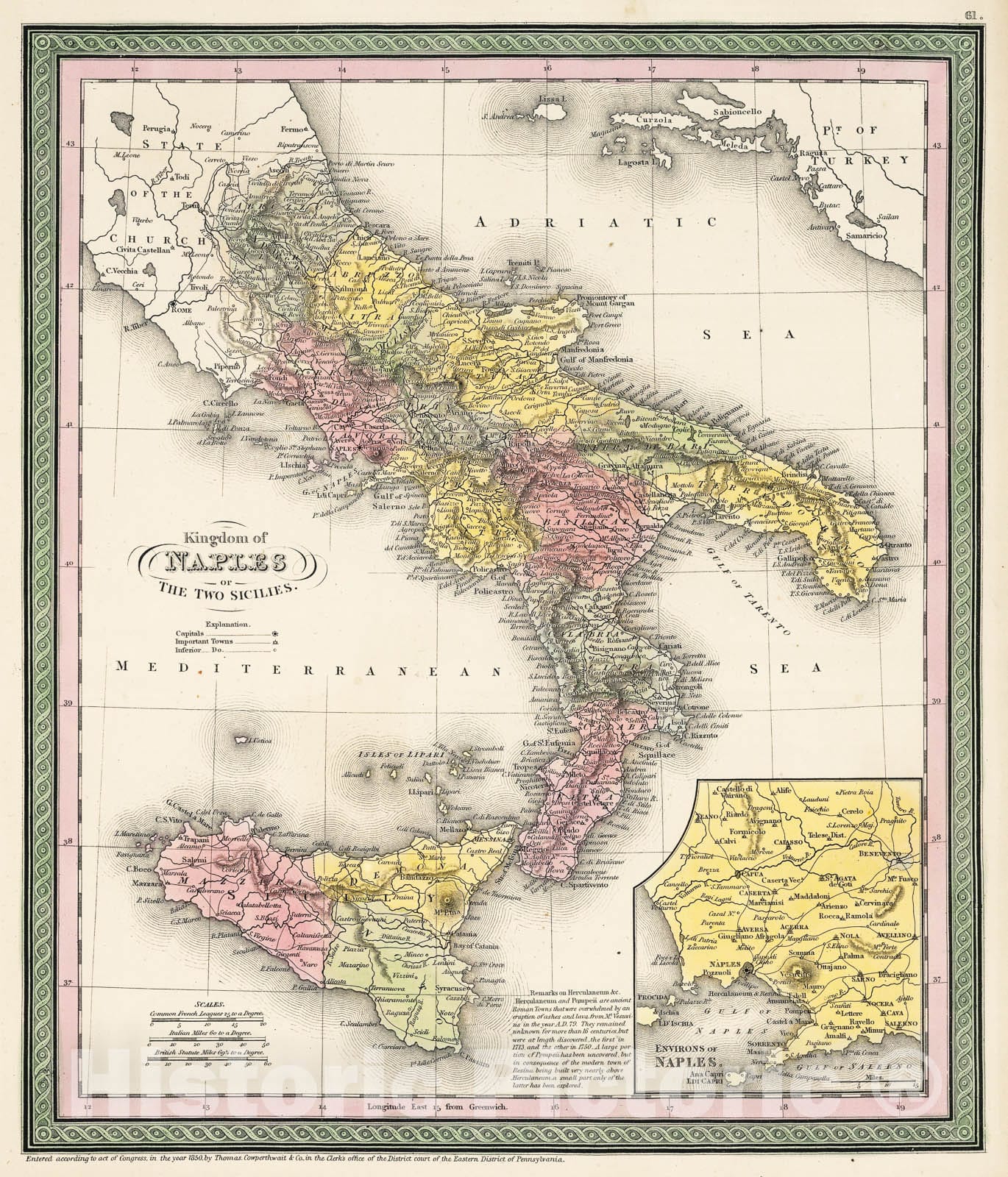 Historic Map : Mitchell Map of Southern Italy (Naples, Sicily) , 1853, Vintage Wall Art