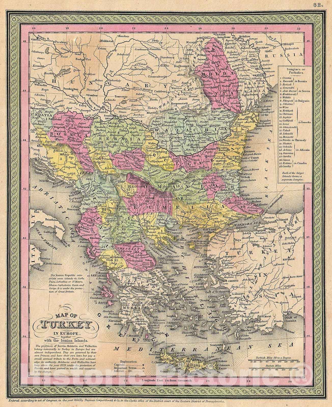 Historic Map : Mitchell Map of Turkey in Europe and Greece (Greece, Balkans, Macedonia), 1853, Vintage Wall Art