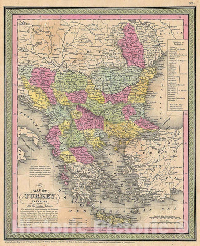Historic Map : Mitchell Map of Turkey in Europe and Greece (Greece, Balkans, Macedonia), 1853, Vintage Wall Art